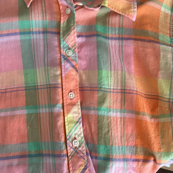 Talbots Womens Peach Pink Cotton Madras Plaid Button Up Shirt Blouse Large - Picture 6 of 7